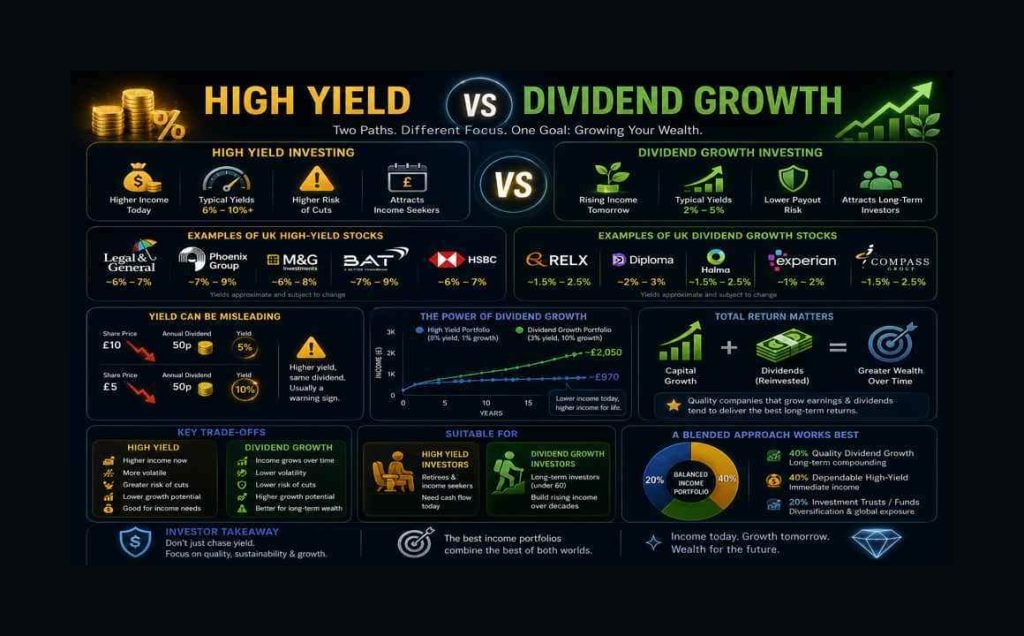 High yield investing vs dividend growth: Which strategy is better for UK retail investors?